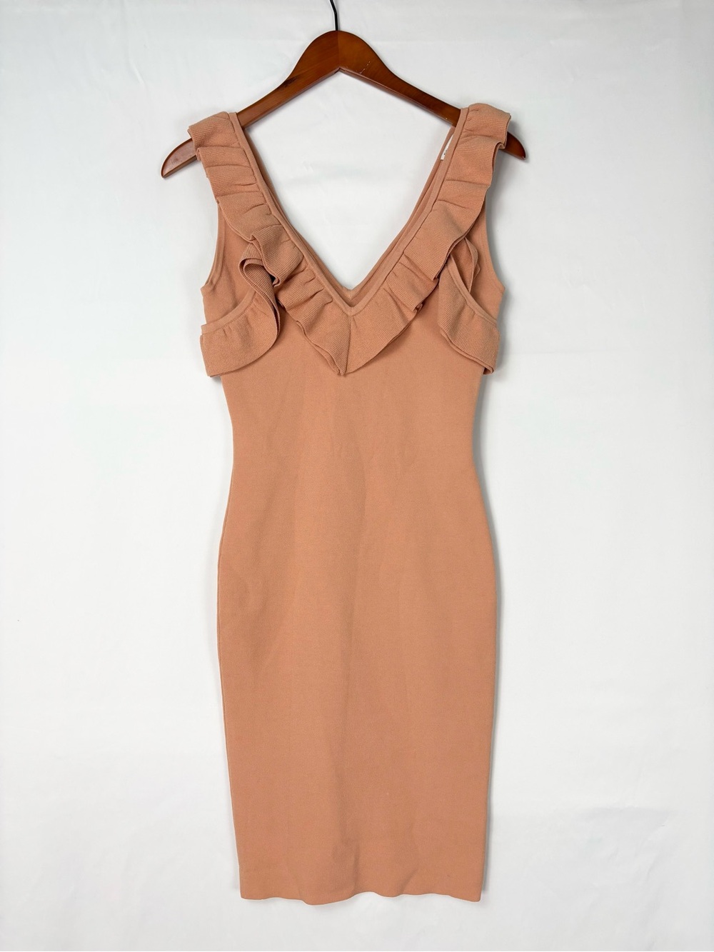 Rony Kobo Knit Ruffle Mini Dress Size S Tan Orange Bodycon